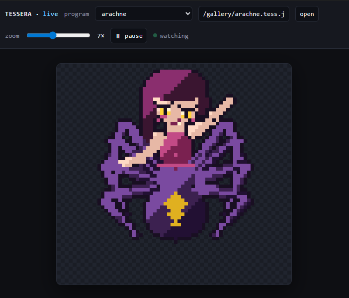 Tessera のライブビューワーでドット絵スプライトを描画している画面